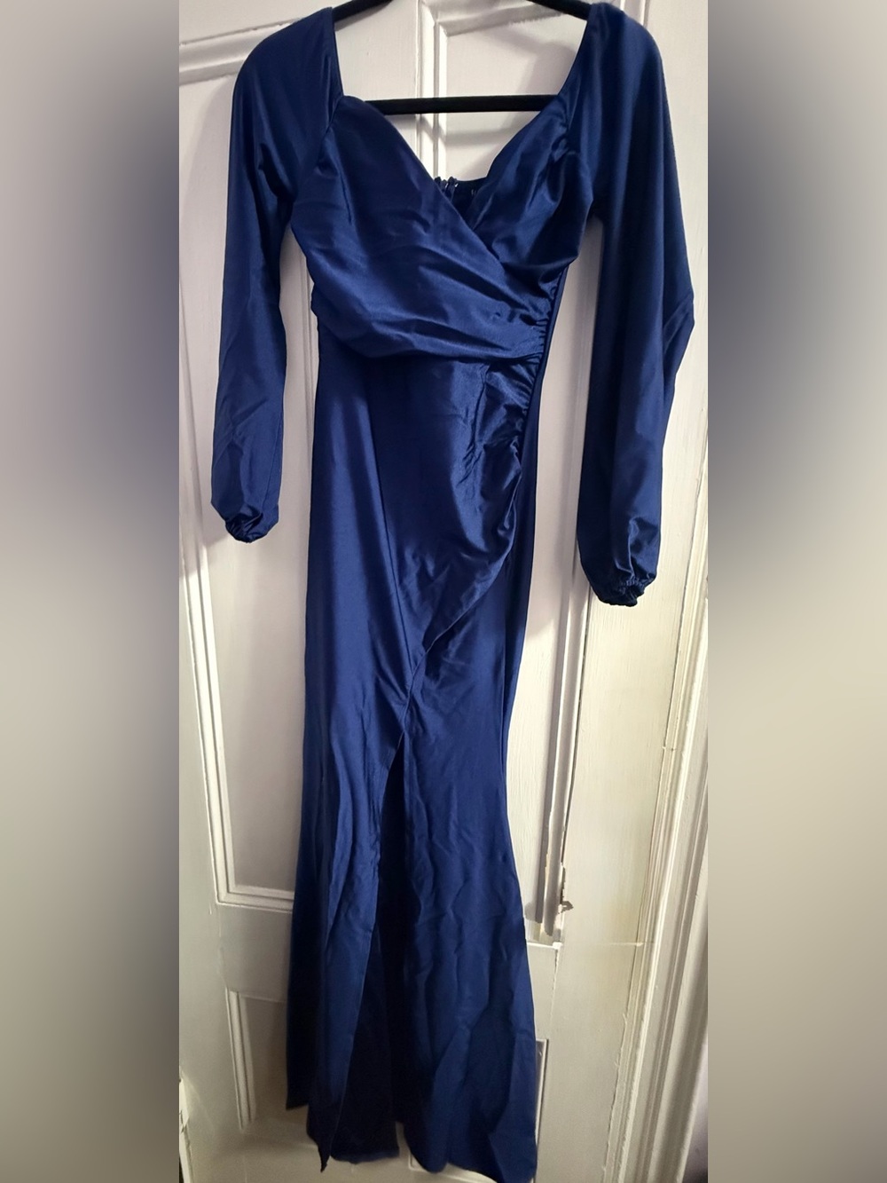 Fashion Nova Deep Blue Satin Long Sleeve Maxi Dress